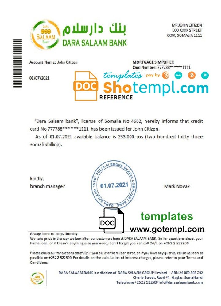 Somali Dara Salaam Bank bank reference letter example in Word and PDF format