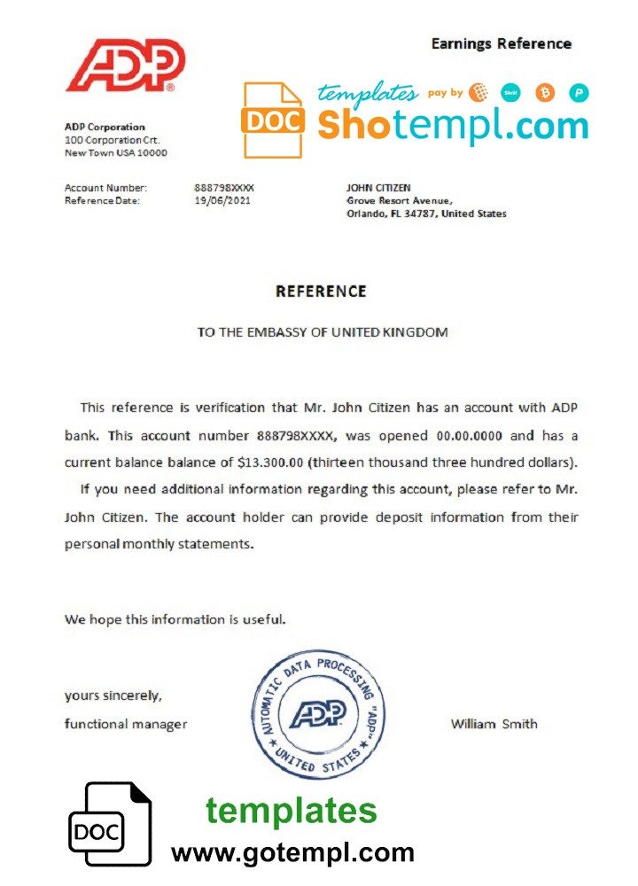 USA ADP bank account reference letter example in Word and PDF format