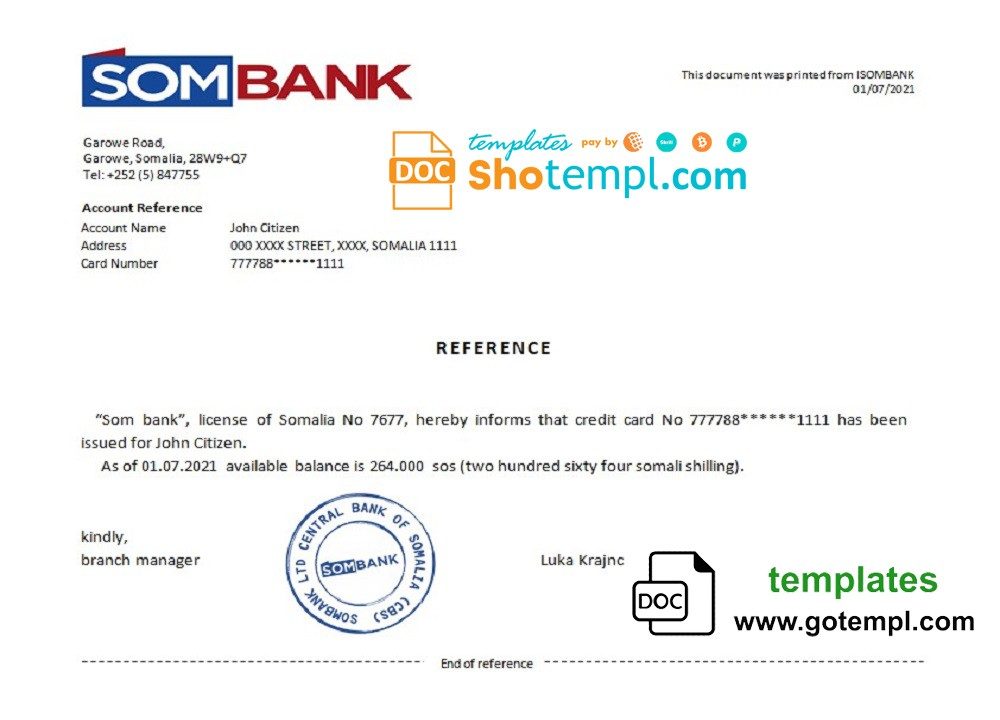 Somali Sombank bank reference letter example in Word and PDF format