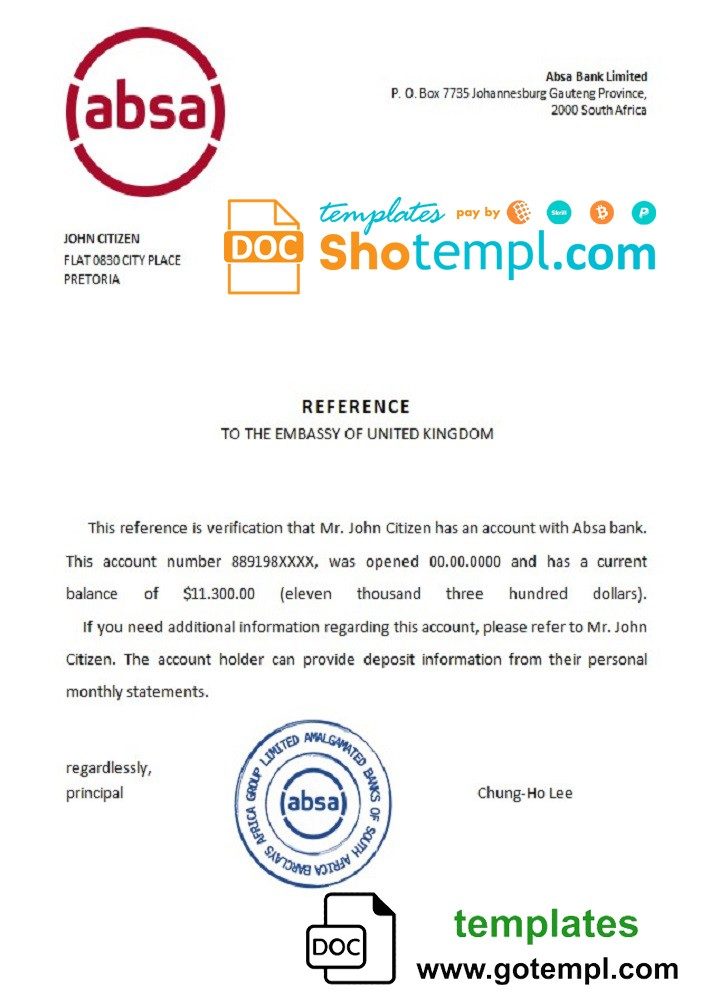 South African ABSA bank reference letter example in Word and PDF format