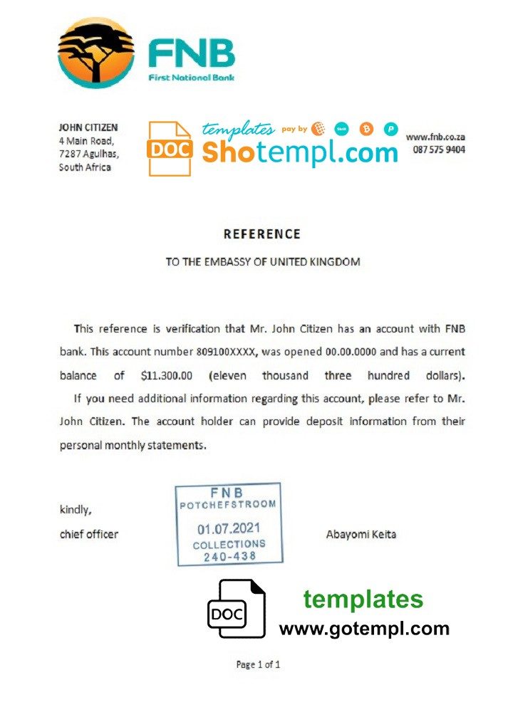 South African FNB bank reference letter example in Word and PDF format
