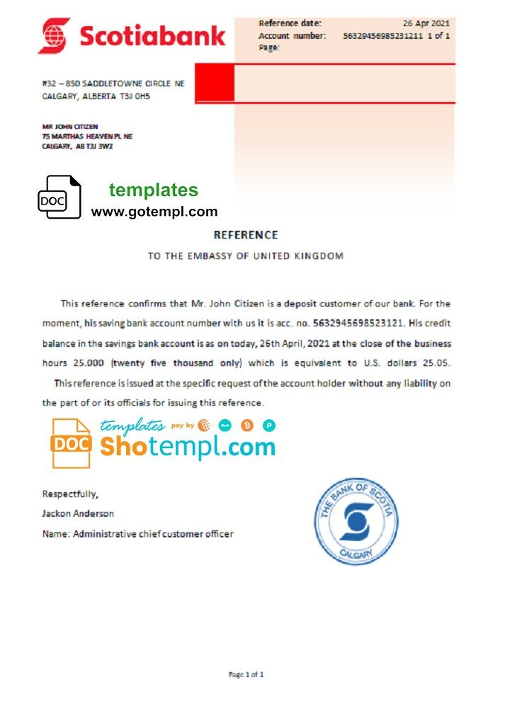 Canadian Scotiabank account reference letter example in Word and PDF format