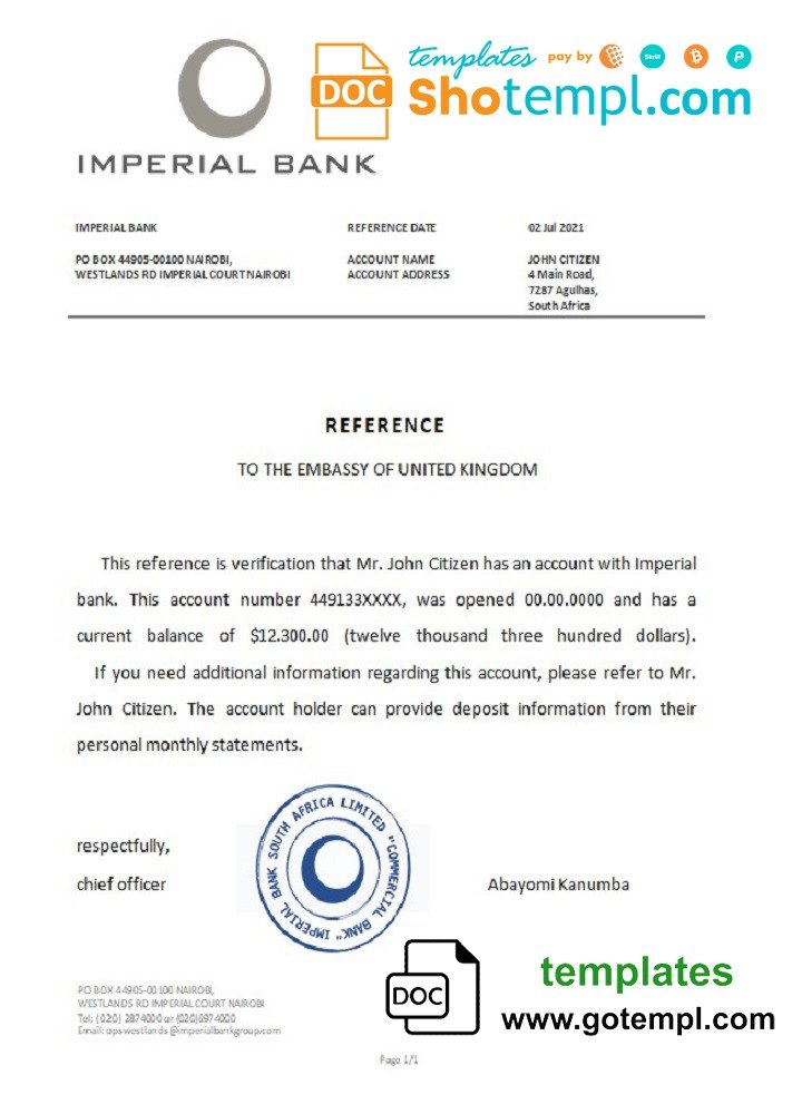South African Imperial Bank bank reference letter example in Word and PDF format