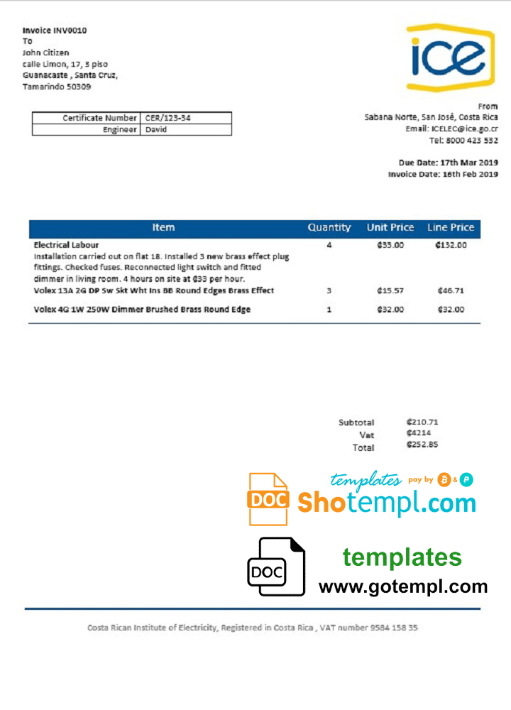 Costa Rican Costa Ricann Institute of Electricity utility bill download example in Word and PDF format