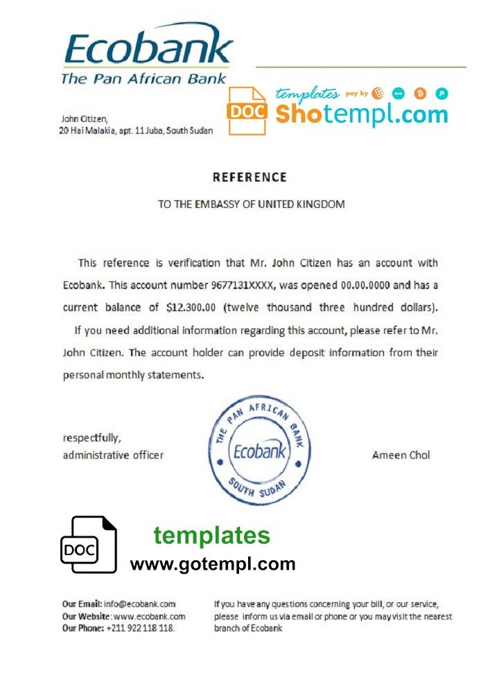 South Sudaneses Ecobank bank reference letter example in Word and PDF format