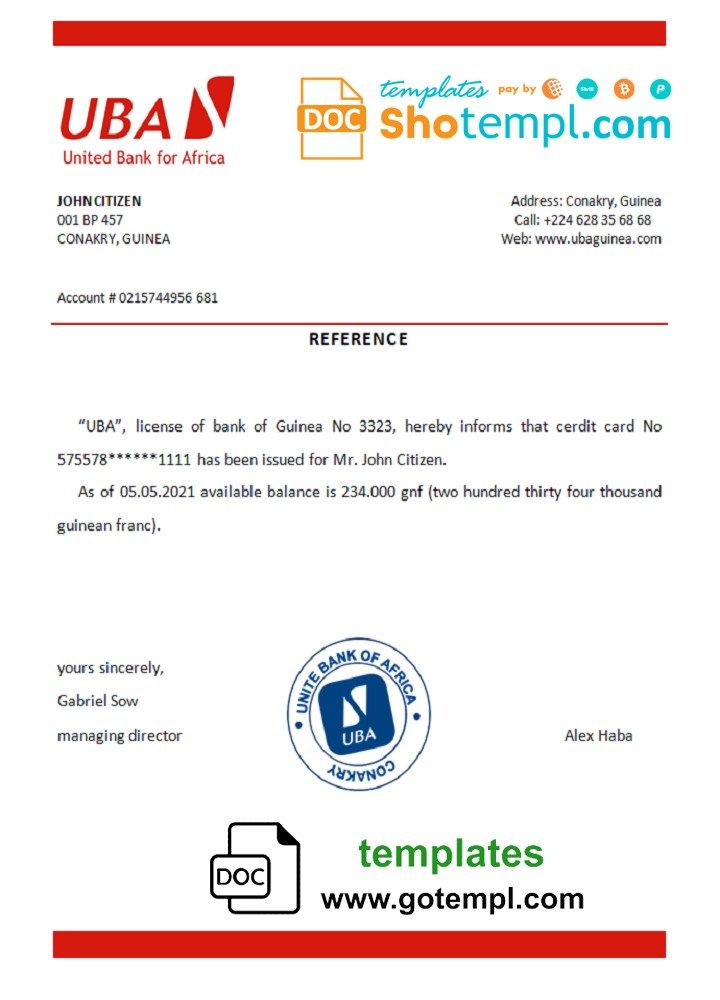 Guinean UBA bank account reference letter example in Word and PDF format
