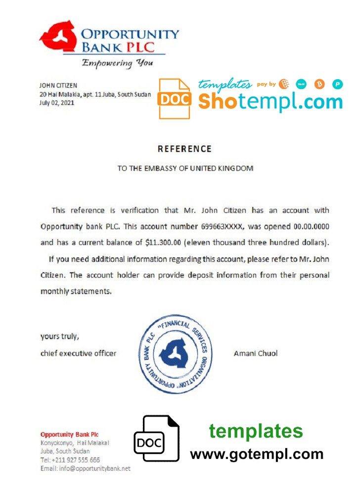 South Sudaneses Opportunity Bank bank reference letter example in Word and PDF format