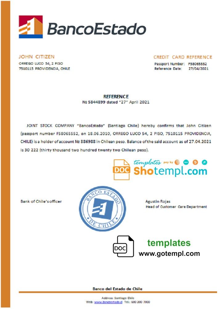 Chilean Banco del Estado de Chilean bank account reference letter example in Word and PDF format