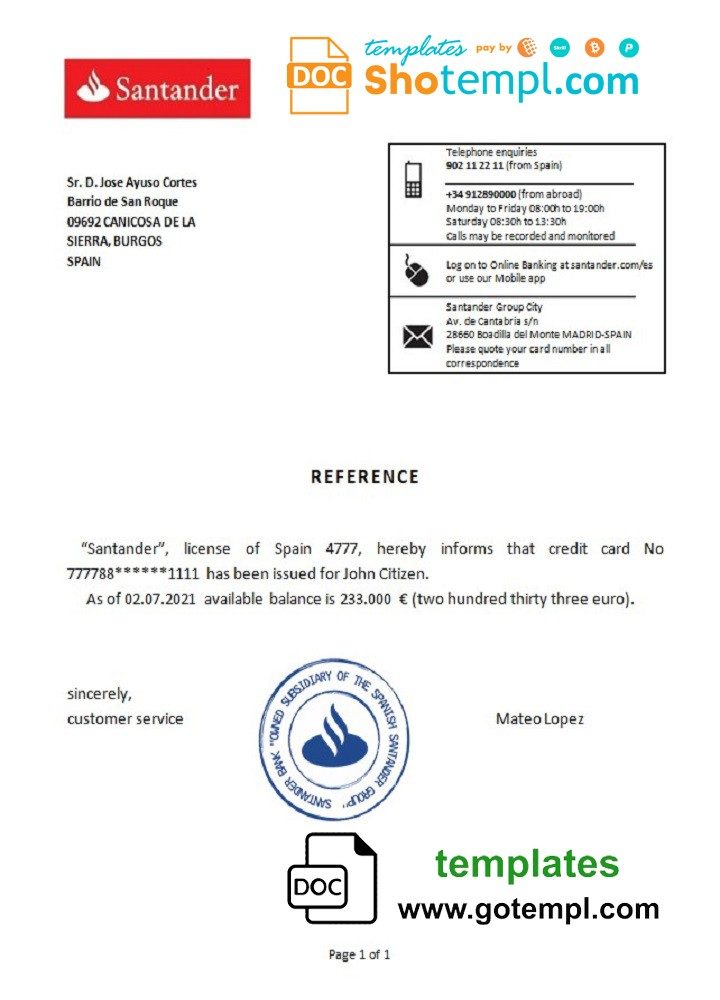 Spanish Santander bank reference letter example in Word and PDF format
