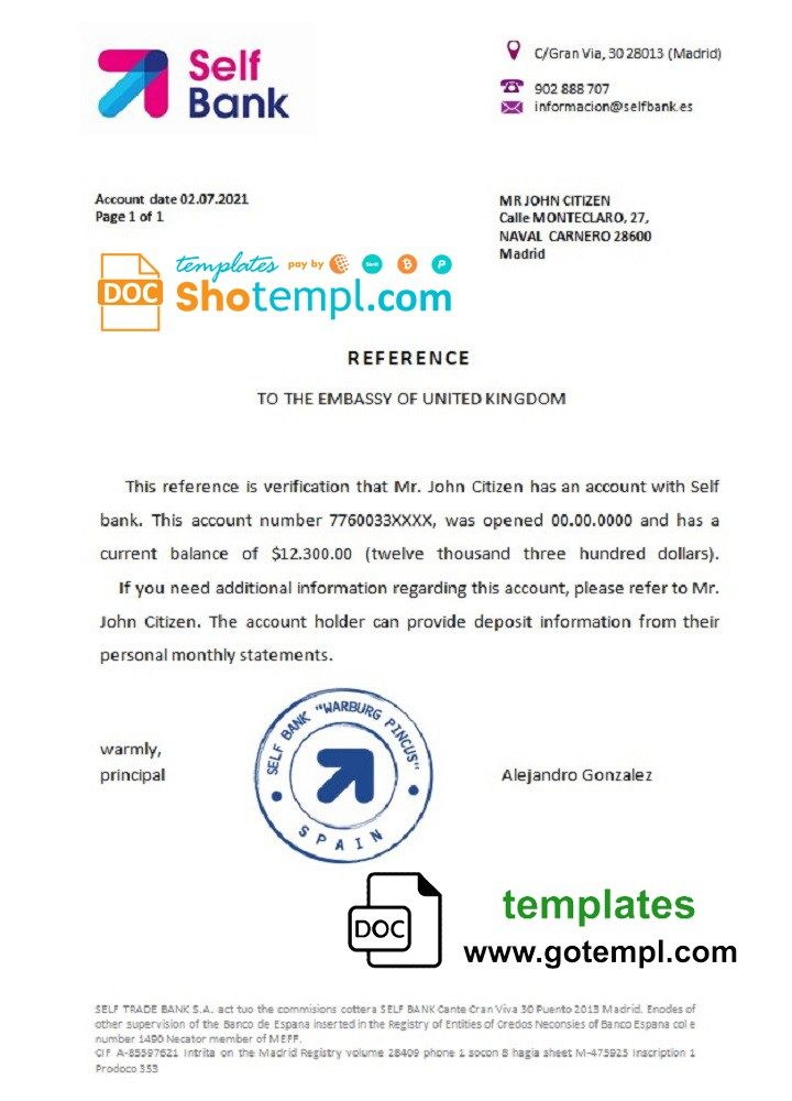 Spanish Self Bank bank reference letter example in Word and PDF format