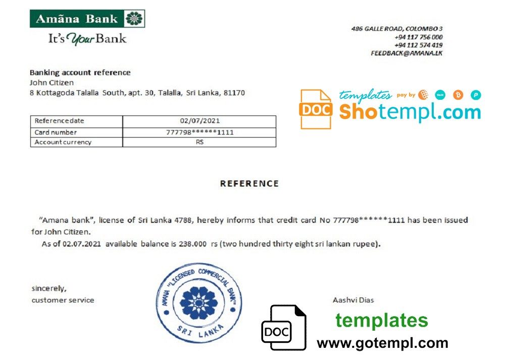Sri Lanka Amana Bank bank reference letter example in Word and PDF format