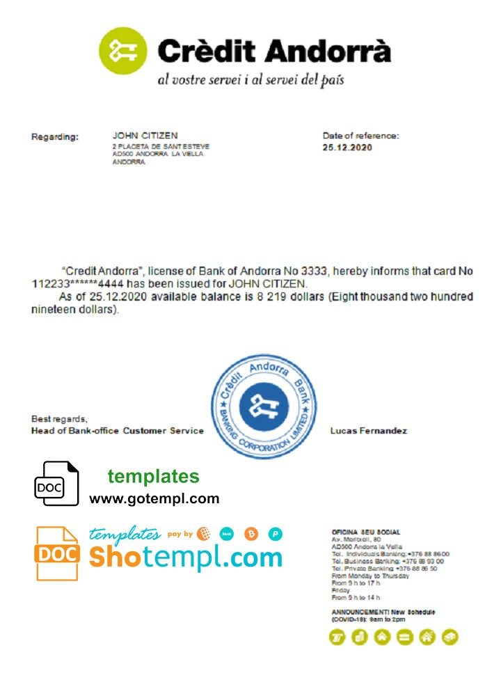 Andorran Credit Andorran bank reference letter example in Word and PDF format