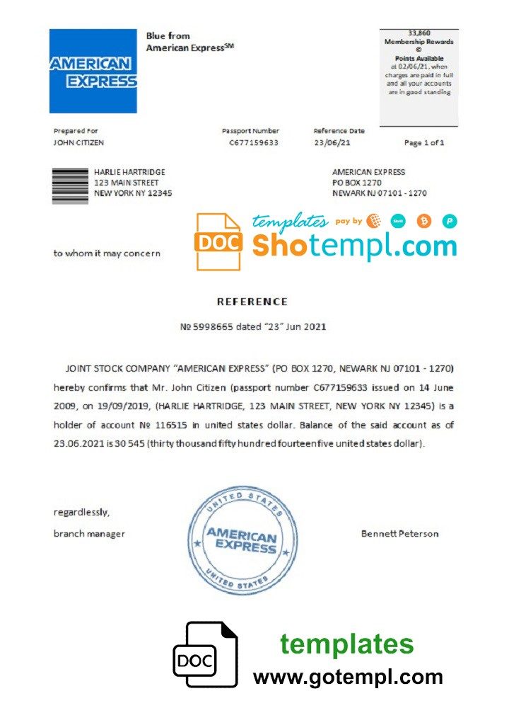 USA American Express bank account balance reference letter example in Word and PDF format