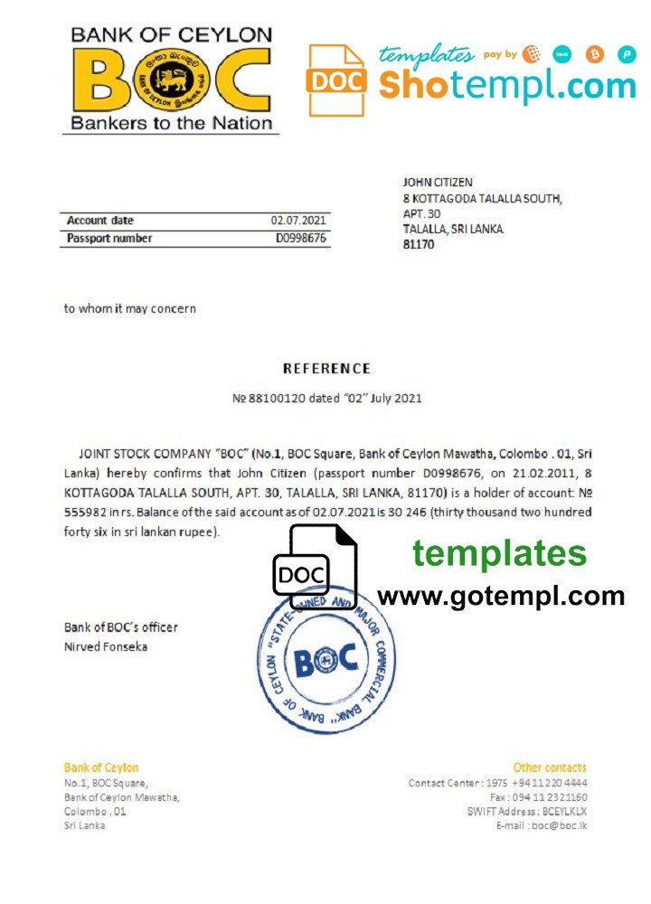 Sri Lanka BOC bank reference letter example in Word and PDF format