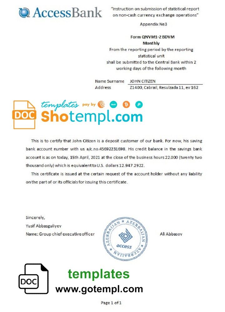 Azerbaijani Access bank reference letter example in Word and PDF format