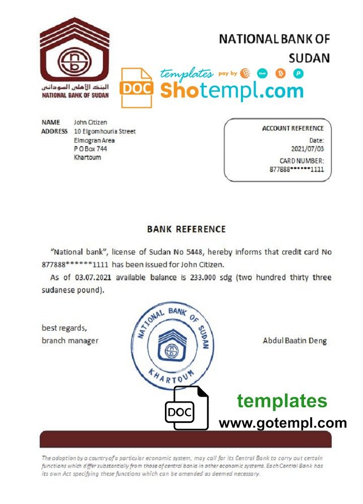 Sudanese National Bank of Sudanese bank account balance reference letter example in Word and PDF format