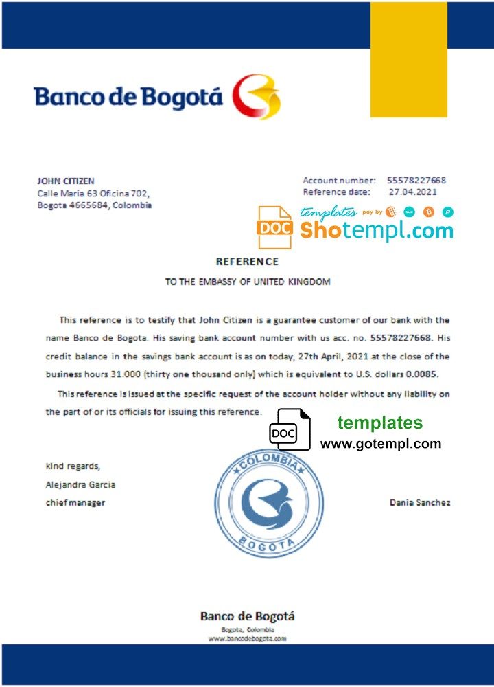 Colombian Banco de Bogotá bank account reference letter example in Word and PDF format