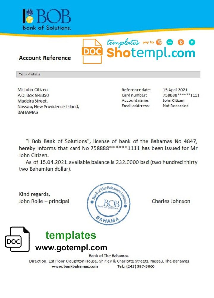 Bahamian Bank of Bahamian reference bank reference letter example in Word and PDF format
