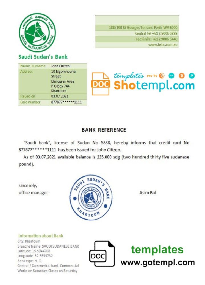Sudanese Saudi Sudanese’s Bank bank account balance reference letter example in Word and PDF format