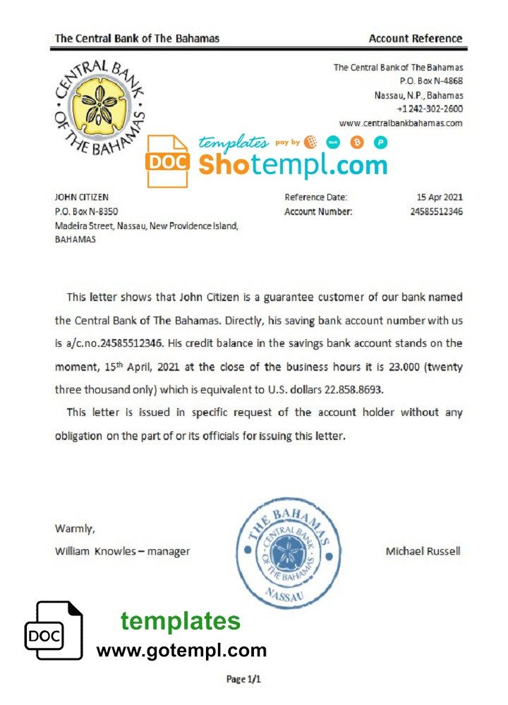 Bahamian The Central Bank of Bahamian bank reference letter example in Word and PDF format
