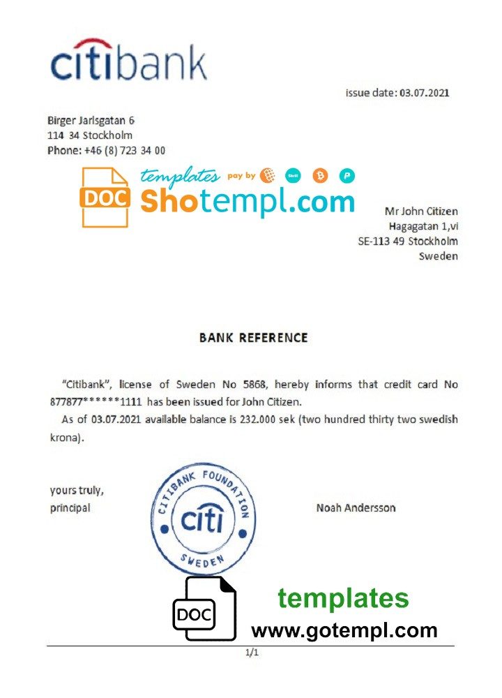 Swedish Citibank bank reference letter example in Word and PDF format