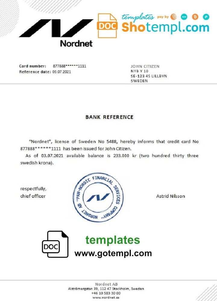 Swedish Nordnet bank reference letter example in Word and PDF format