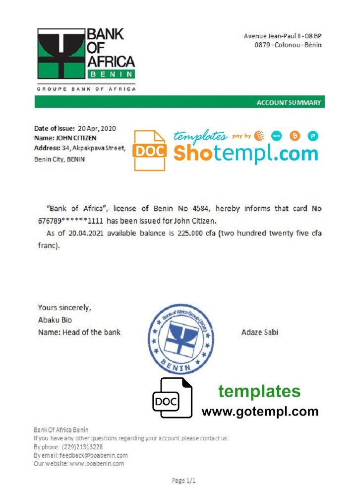 Beninois Bank of Africa bank reference letter example in Word and PDF format