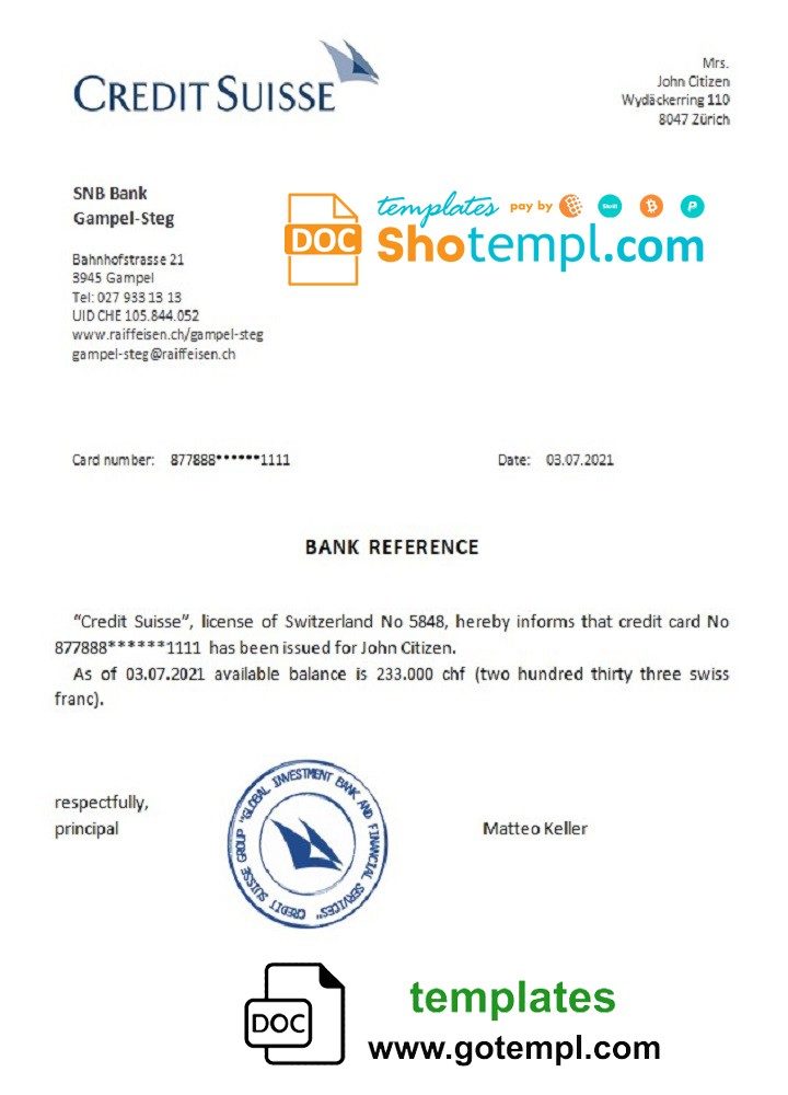 Swiss Credit Suisse bank reference letter example in Word and PDF format