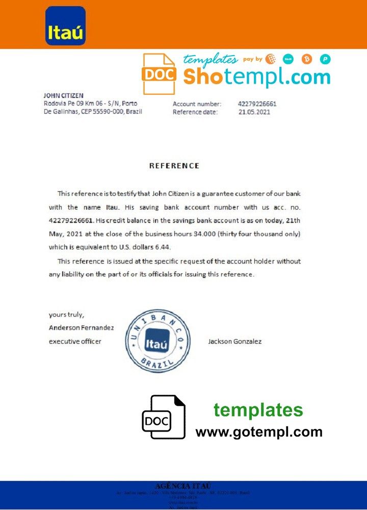 Brazilian Itau bank account reference letter example in Word and PDF format