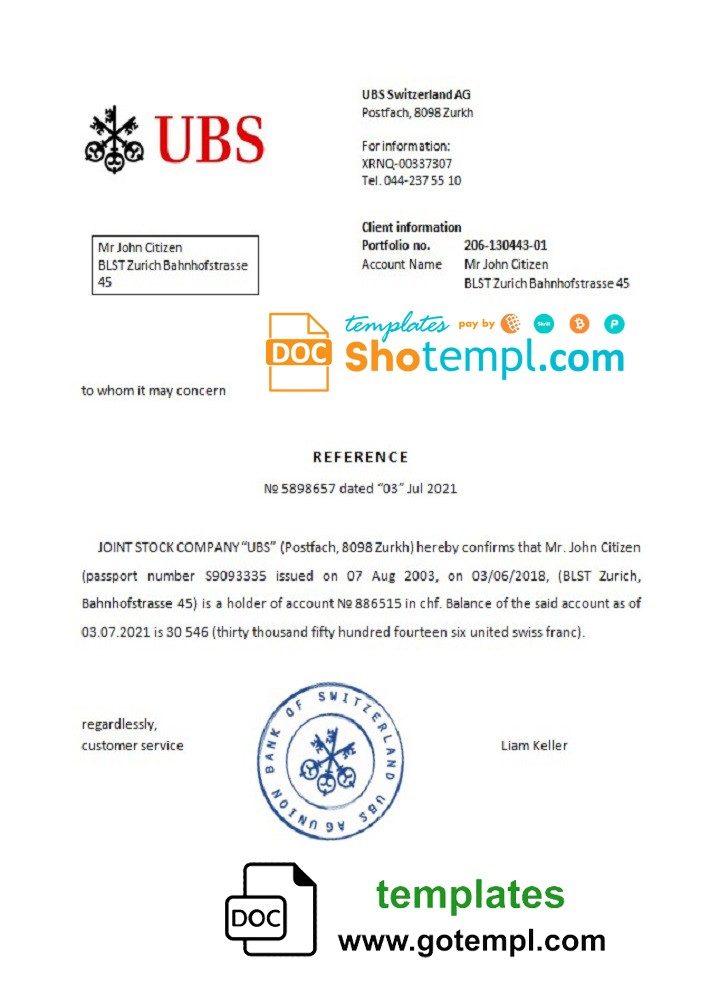 Swiss UBS bank reference letter example in Word and PDF format