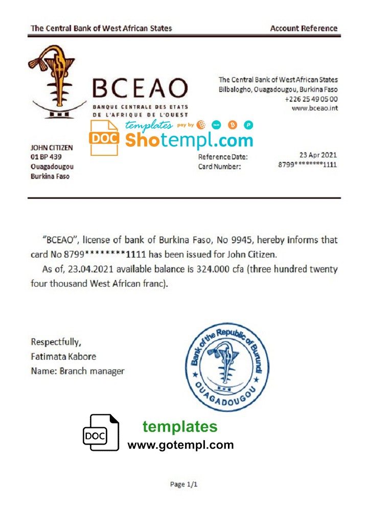 Burkinabé The Central Bank of West African States bank reference letter example in Word and PDF format