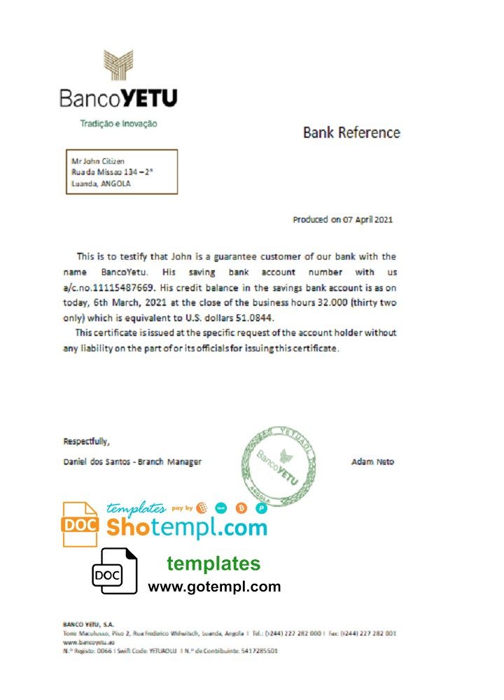 Angolan Banco Yetu bank reference letter example in Word and PDF format