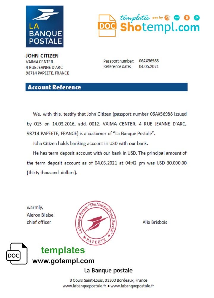 French La Banque Postale bank account reference letter example in Word and PDF format