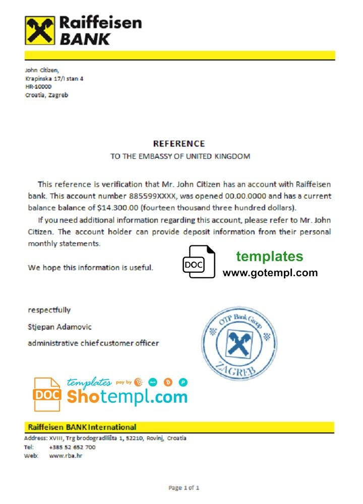 Croatian Raiffeisen Bank account reference letter example in Word and PDF format