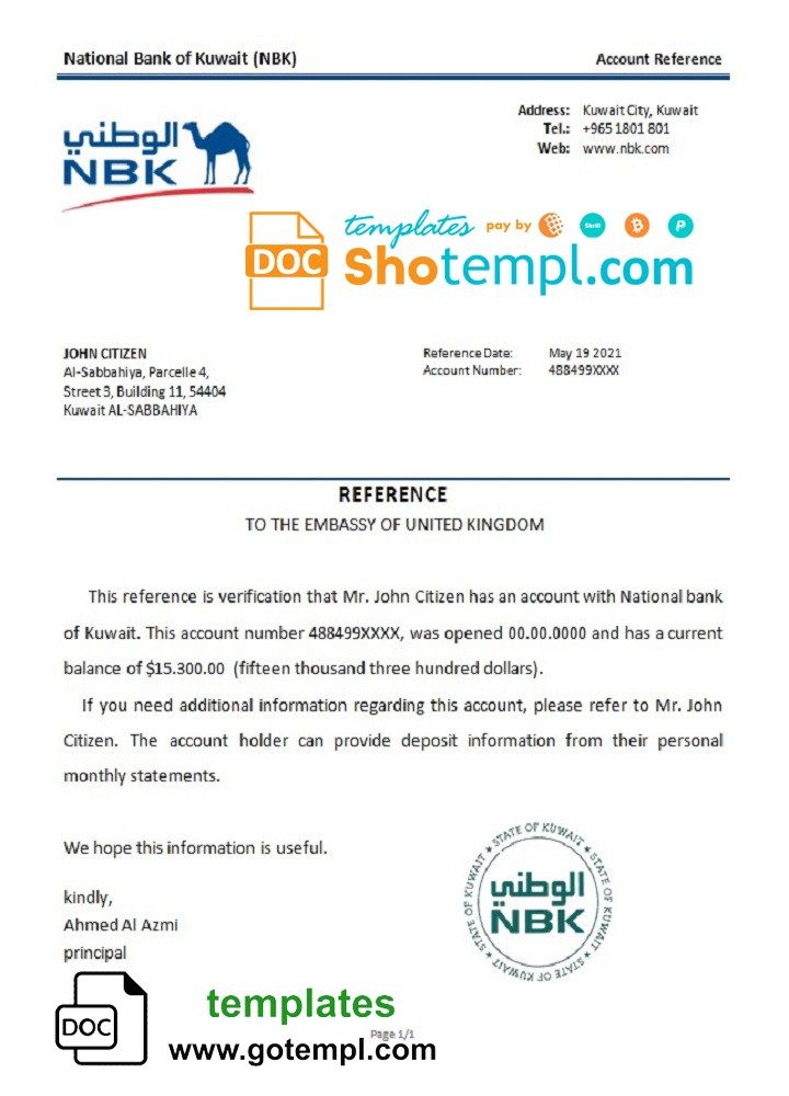 Kuwaiti National Bank of Kuwaiti bank account reference letter example in Word and PDF format