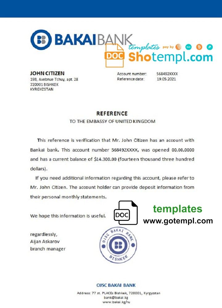 Kirghiz OJSC Bakai Bank bank account reference letter example in Word and PDF format