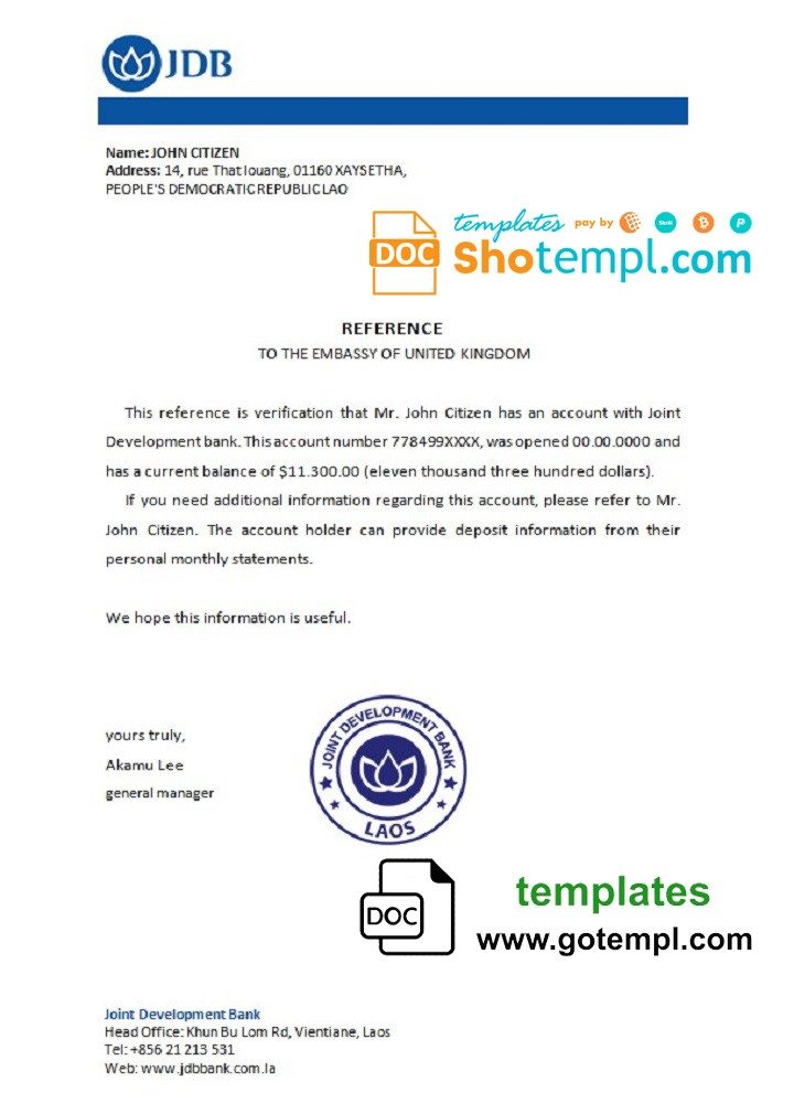 Laos Joint Development Bank bank reference letter example in Word and PDF format