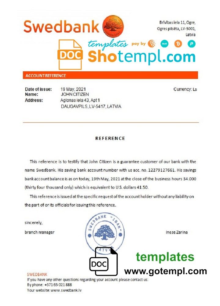 Latvian Swedbank bank reference letter example in Word and PDF format