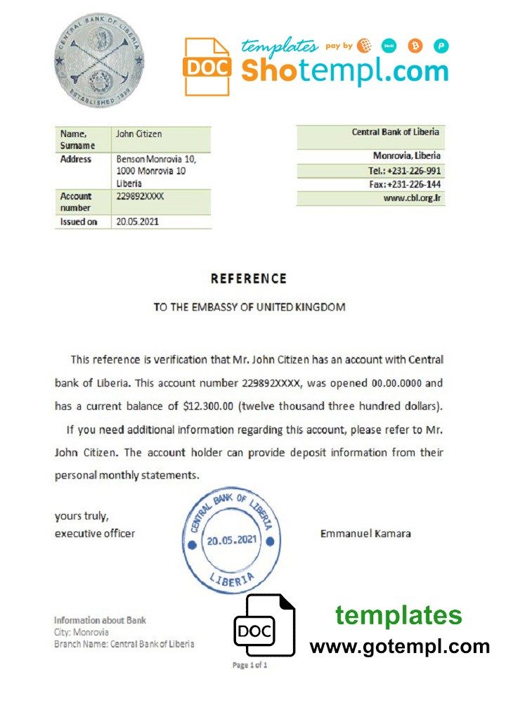 Liberian Central Bank of Liberian bank reference letter example in Word and PDF format