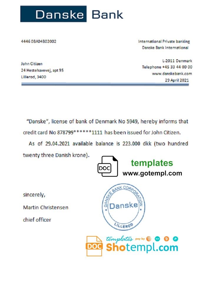 Danish Danskebank bank account reference letter example in Word and PDF format