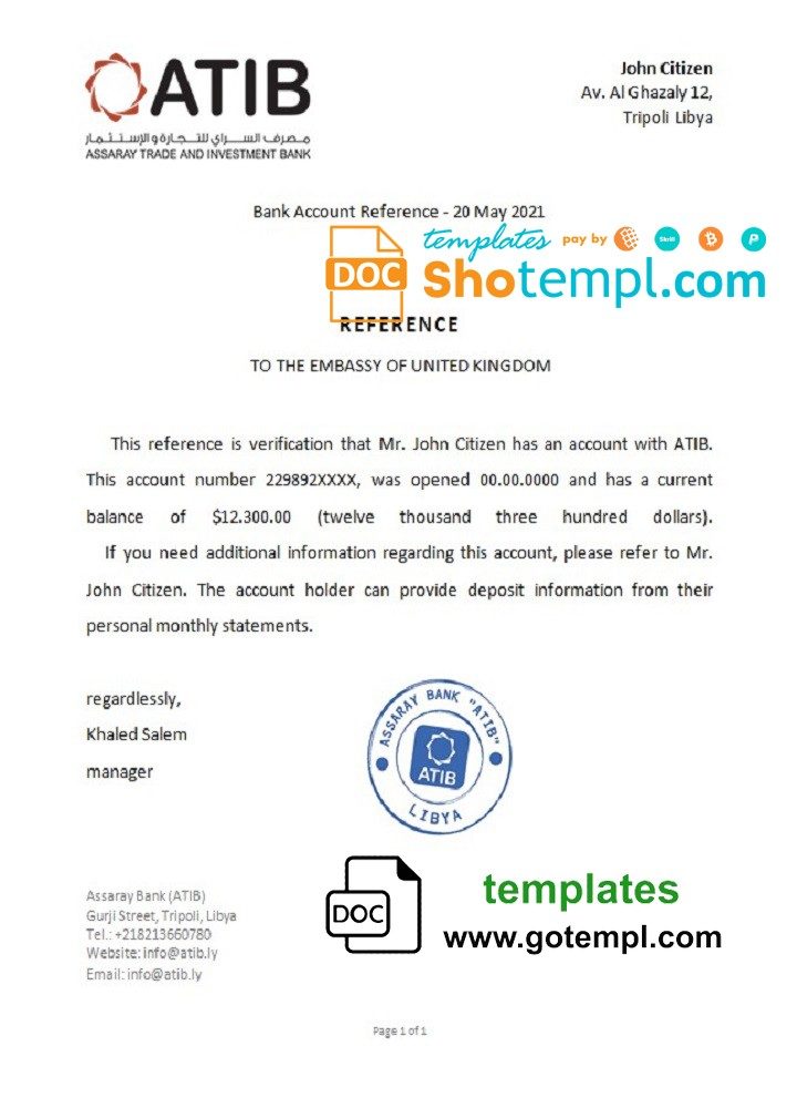 Libyan Assaray Bank bank reference letter example in Word and PDF format