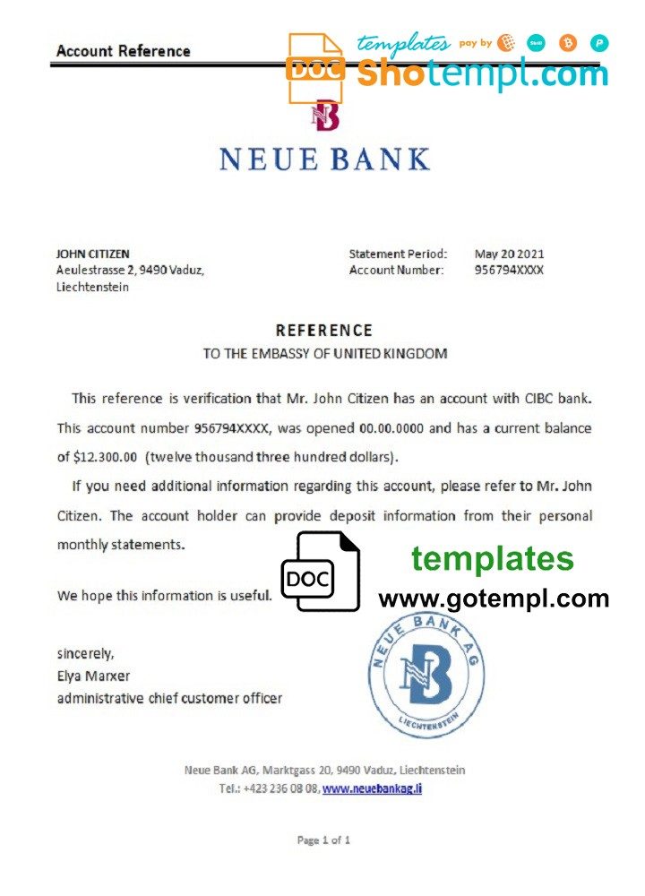 Liechtensteiner Neue Bank bank reference letter example in Word and PDF format