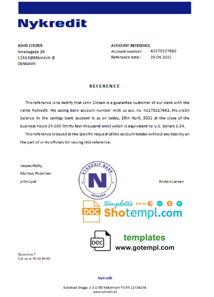 Danish Nykredit bank account reference letter example in Word and PDF format