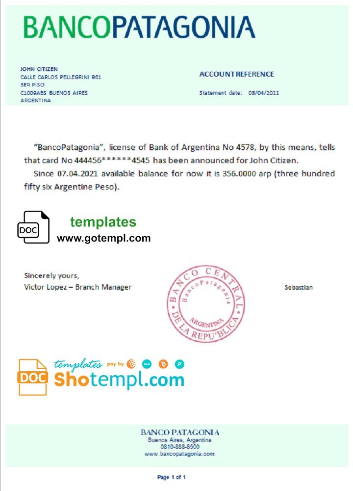 Argentinian Banco Patagonia bank reference letter example in Word and PDF format