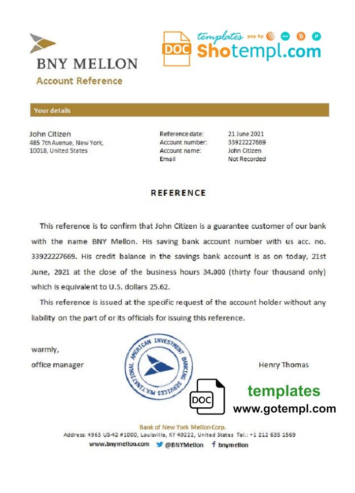 USA BNY Mellon bank account reference letter example in Word and PDF format