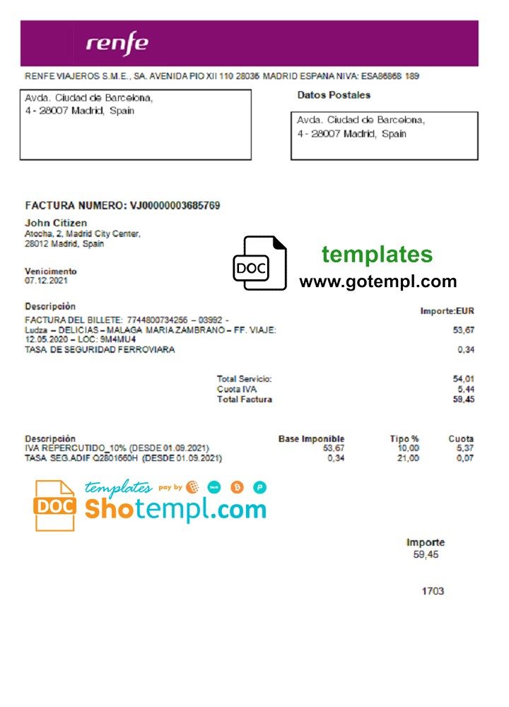 Spain Renfe utility bill download example in Word and PDF format