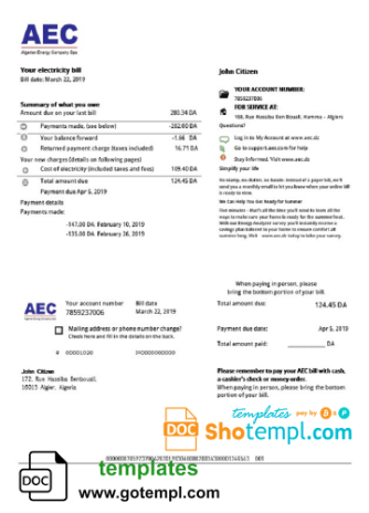 Algerian AEC Algeriann Energy Company utility bill download example in Word and PDF format