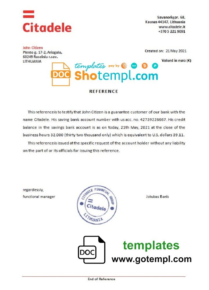 Lithuanian Citadele bank reference letter example in Word and PDF format
