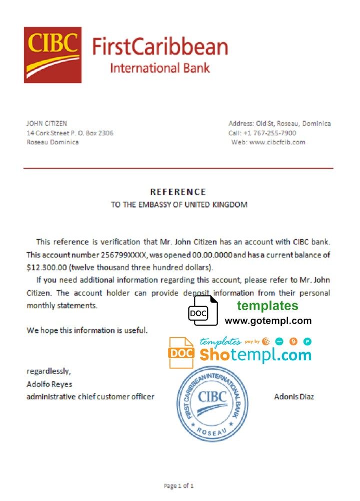 Dominican CIBC First Caribbean International bank account reference letter example in Word and PDF format