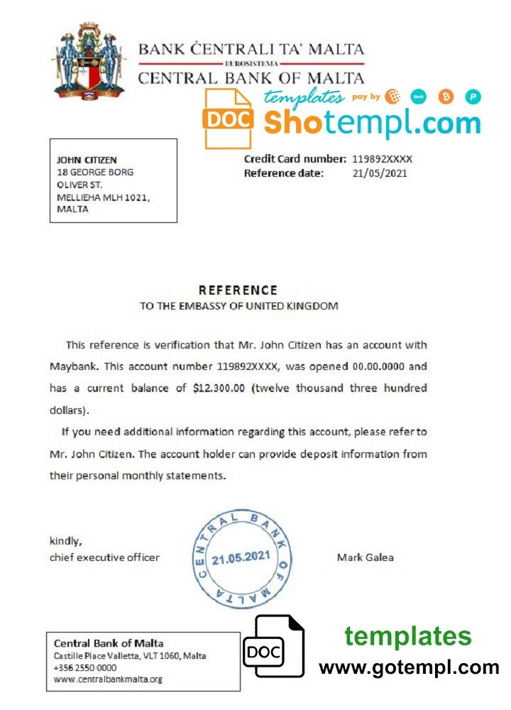 Maltese Central Bank of Maltese bank reference letter example in Word and PDF format